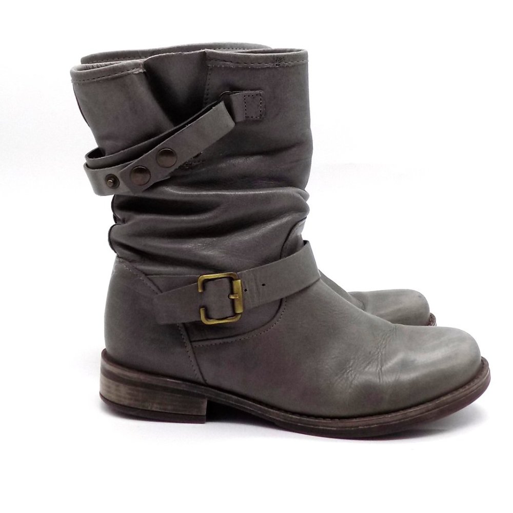 Eric Michael Leather Slouchy Boots Mid-Calf Moto Buckles Faux Fur Lined Size 39